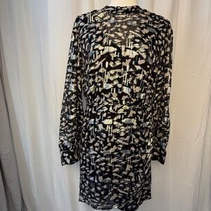 MNG Mock Neck Black Silver Long Sleeve MiniRuched Sheath Cocktail Party M